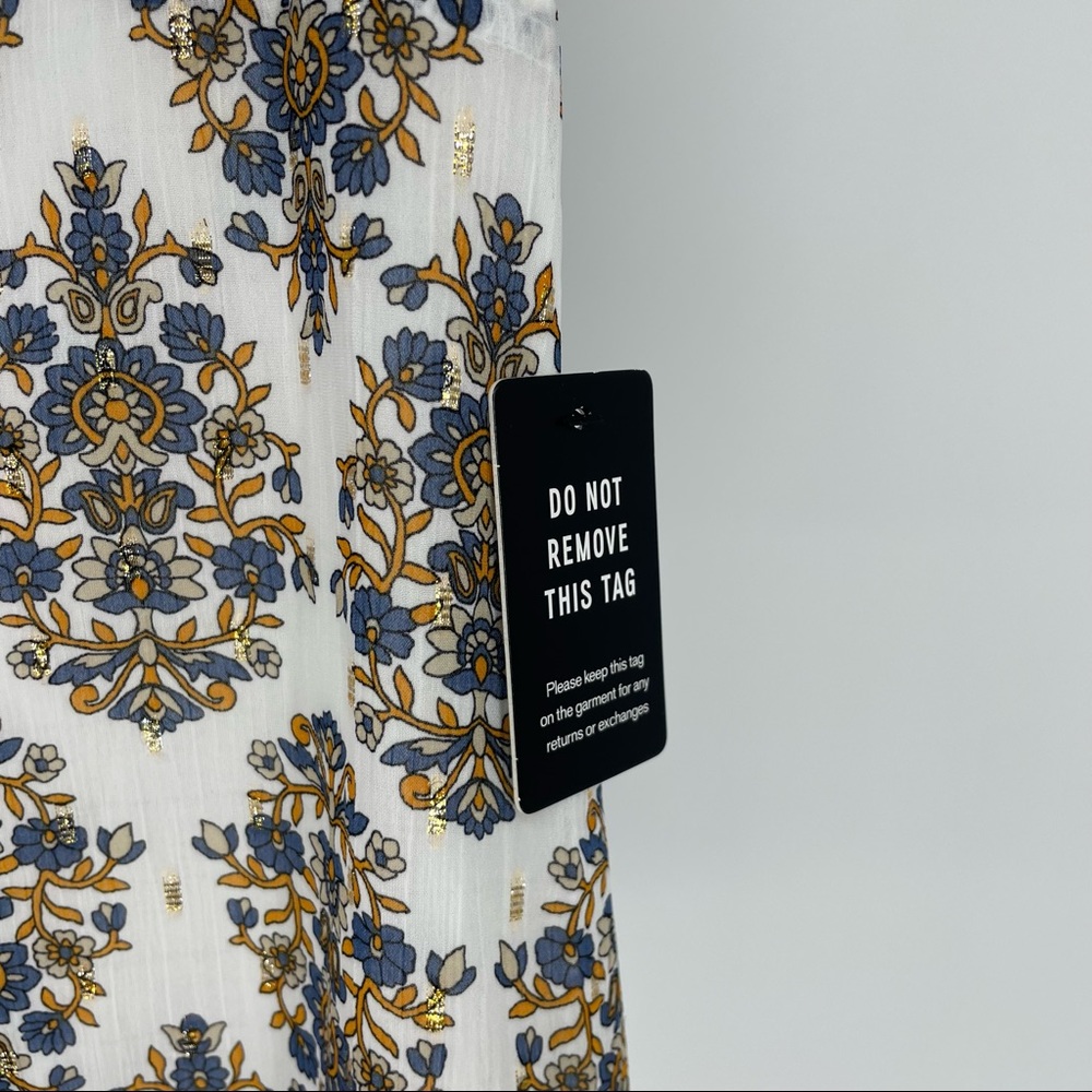 EXPRESS NWT PAISLEY PUFF SLEEVE FIT AND FLARE DRESS WHITE GOLD BLUE XS - Picture 8 of 9